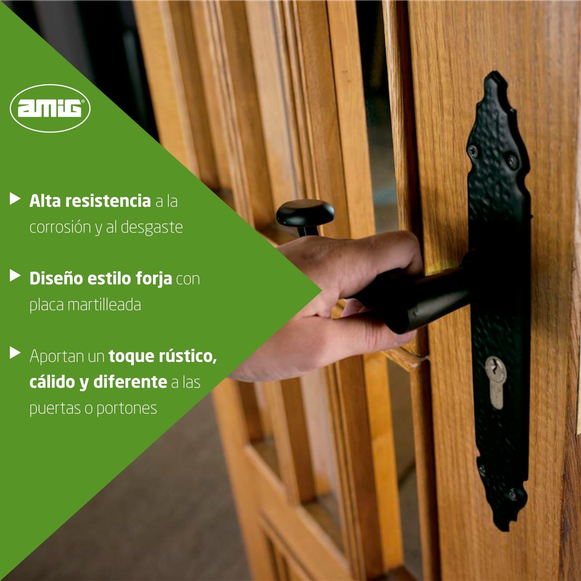Amig - Juego de 2 Manillas para Puertas de Paso Mod.100PB85-280 x 45 x 3,5 mm - Cuadradillo 8 mm - Para Uso Con Cerraduras De Embutir - Tipo Forja - De Zamak Acabado en Negro