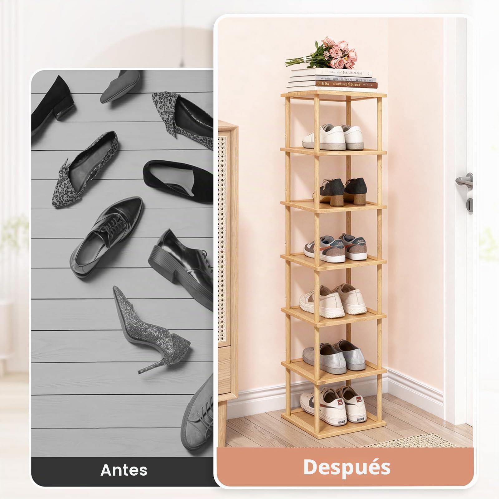 Aniston Zapatero de bambú de 7 niveles, zapatero vertical para espacios pequeños, organizador de zapatos alto y estrecho para garaje, armario, puerta, esquina, sala de estar, espacios pequeños