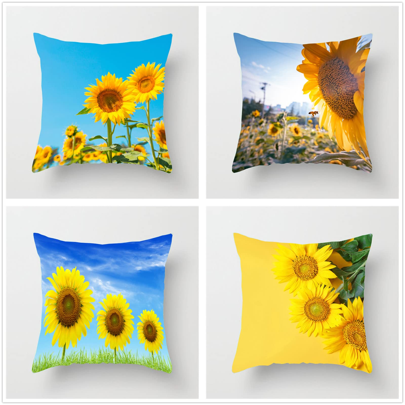 Juego de 4 Fundas de Cojines 70x70cm,Flor de Girasol Fundas para Cojines Flax Decorativa Hogar Almohadas Fundas con Cremallera Oculta,para Sala Sofá Cama Decoración para Hogar A211