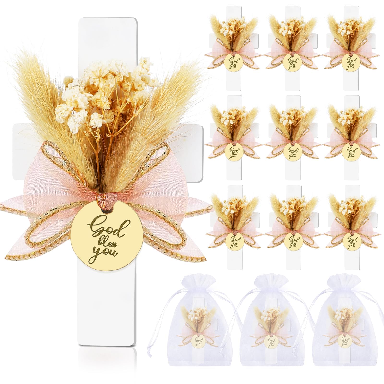 Cadeau de baptême pour invités : 12 magnets croix en bois fleurie rose