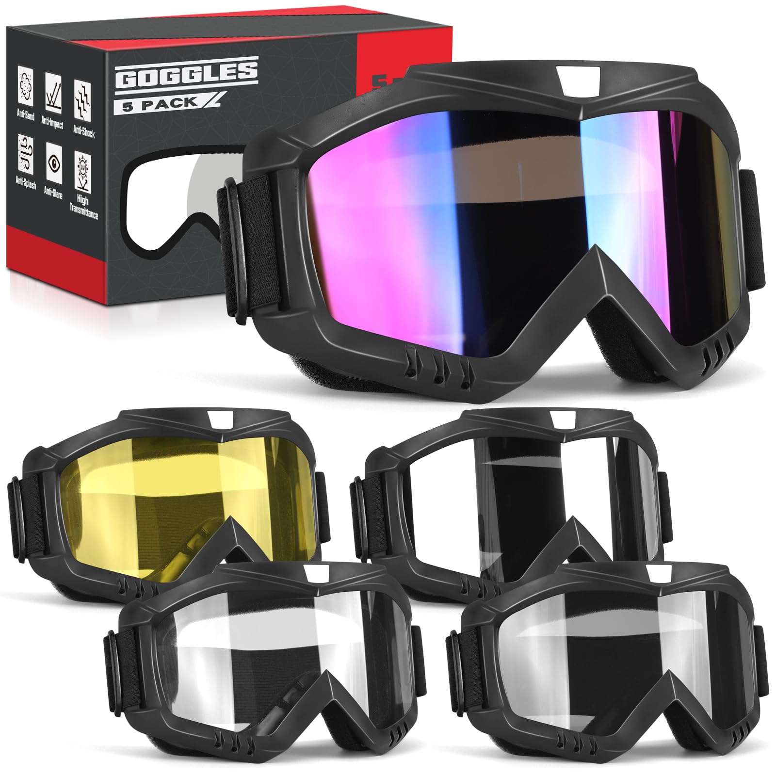 Occhiali da moto da cross, confezione da 2, occhiali da moto ATV occhiali da motocross, occhiali da sci occhiali antivento occhiali da corsa