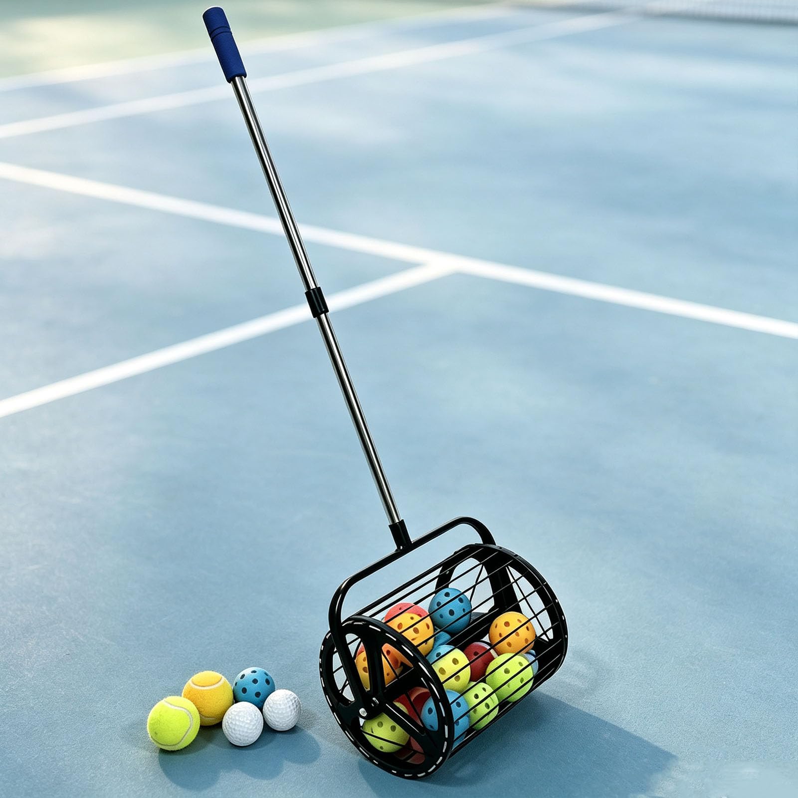 Recolector De Pelotas De Tenis con Ruedas, Tolva para Pelotas De Tenis con Mango Telescópico Ajustable Y Cordones Elásticos, Recuperación Rápida De Pelotas, Capacidad para 30 Pelotas, para