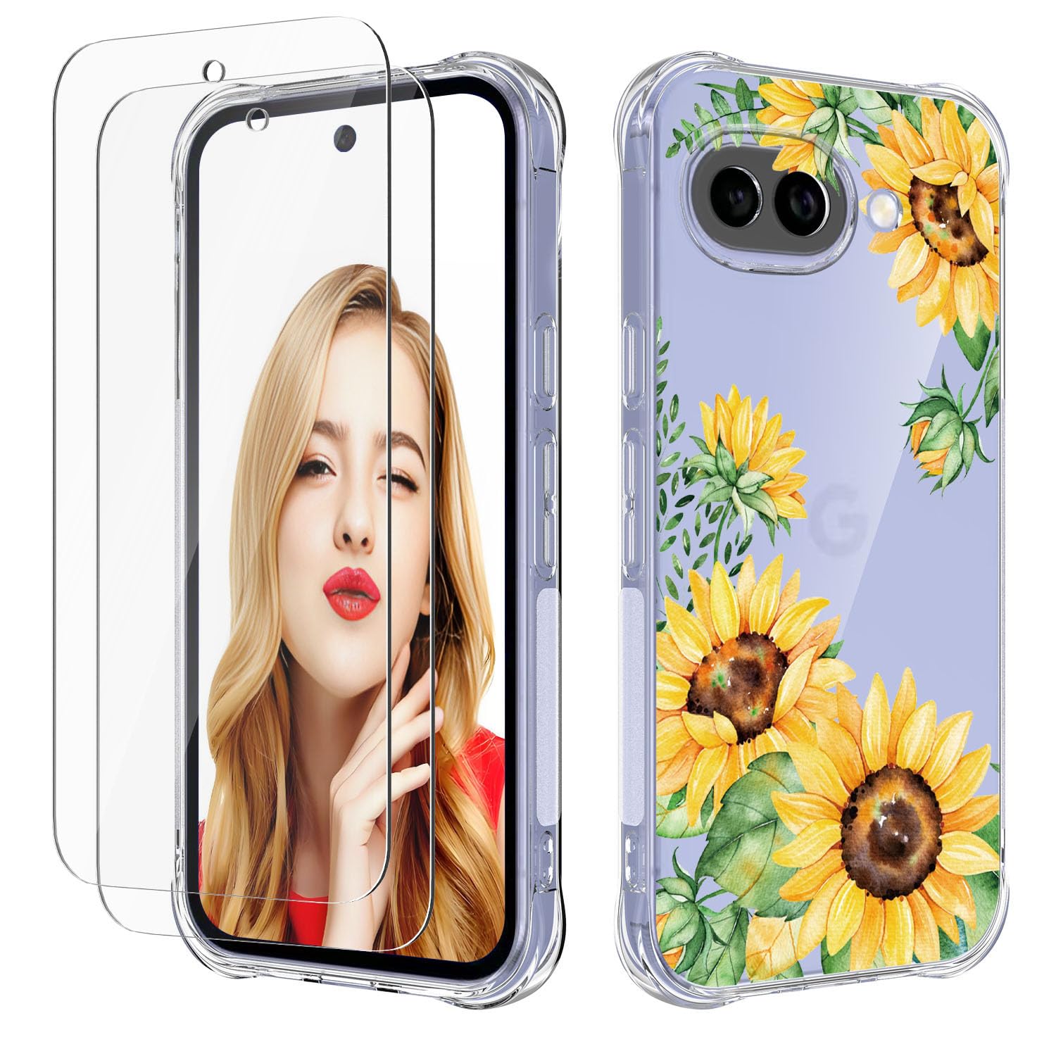 for Google Pixel 10A Case,with 2 PCS Screen Protectors,Slim Flexible TPU Bumper Shock Absorption Rubber Soft Cover for Pixel 10A (Sunflower/Yellow, Google Pixel 10A)