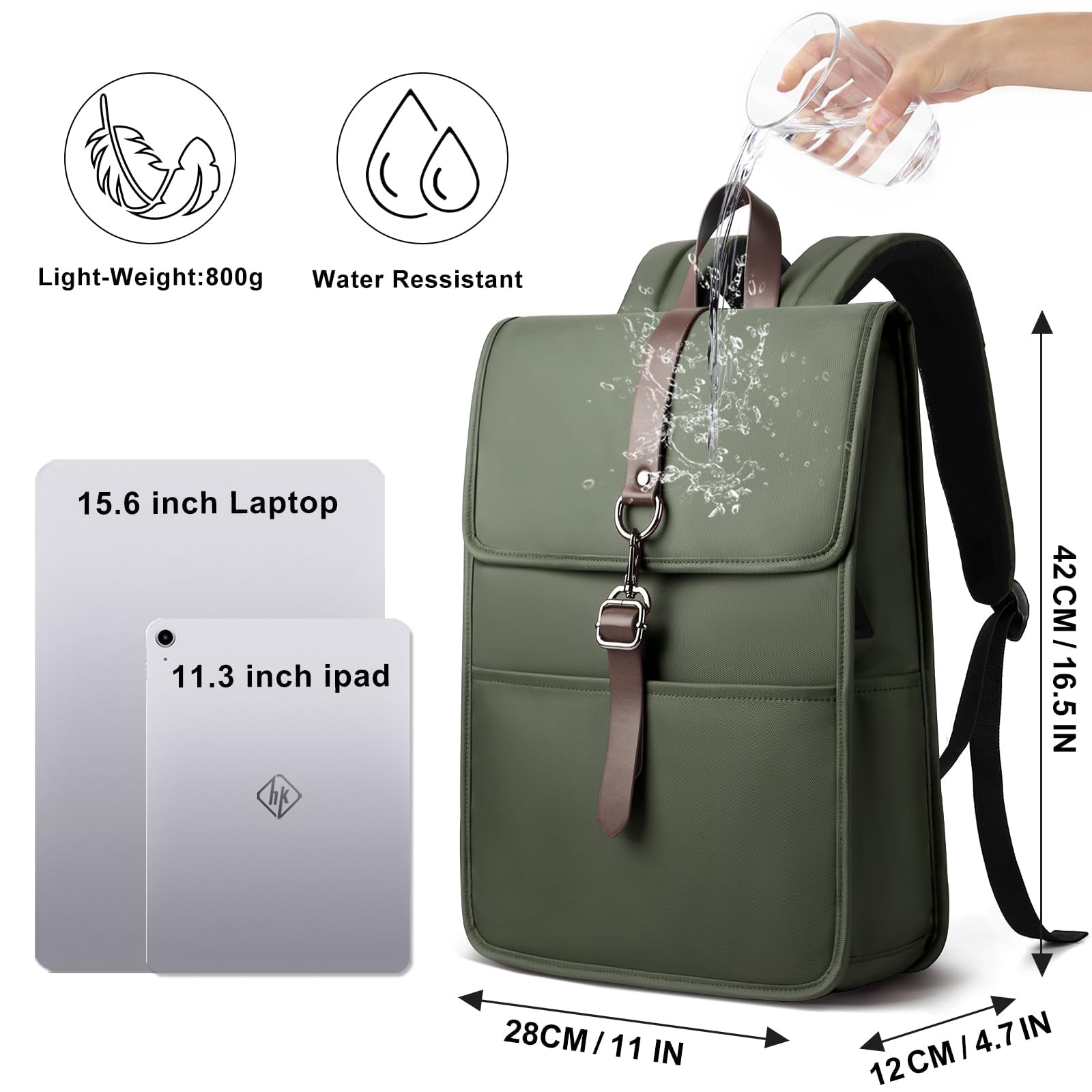 Zaino Porta PC Uomo Donna, Leggero Sottile Zaino Laptop | Computer Portatile 15,6 Pollici con porta USB Impermeabile Zaino Casual per Uffico Università Scuola Viaggio Business, Verde