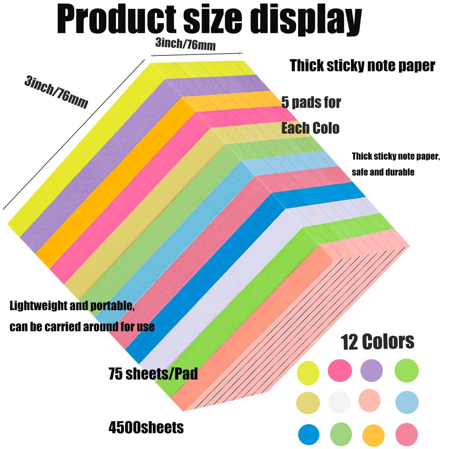 60 Packung Liniierte Haftnotizblöcke, Selbstklebende Klebezettel 76 x 76 mm, Helle Haftnotizzettel Bunte Quadratische Sticky Notes für Büro Zuhause Schule Sitzung,12 Farben,75 Blätter/Pad,4500Blätter