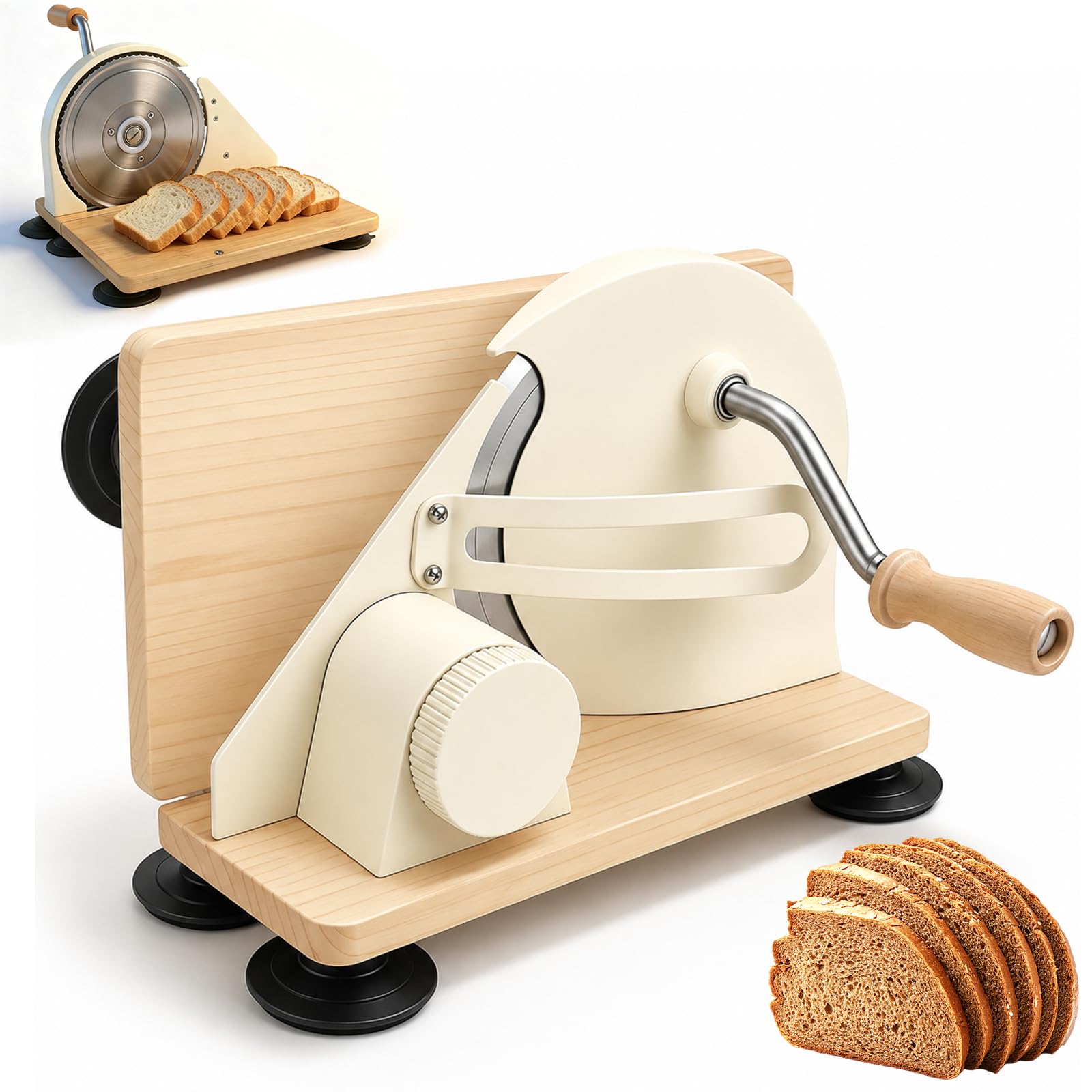 Manuelle Brotschneidemaschine, klappbar Brotmaschine mit Handkurbel, einstellbar 1-20 mm, Edelstahl-Wellenschliffklinge, 6 Saugnäpfe, Massivholz-Basis für Sauerteigbrot