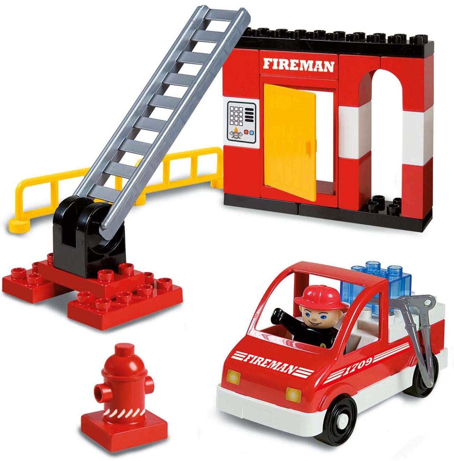 Unico Fire Station Building Set 8548-0000 packaging showing all included components