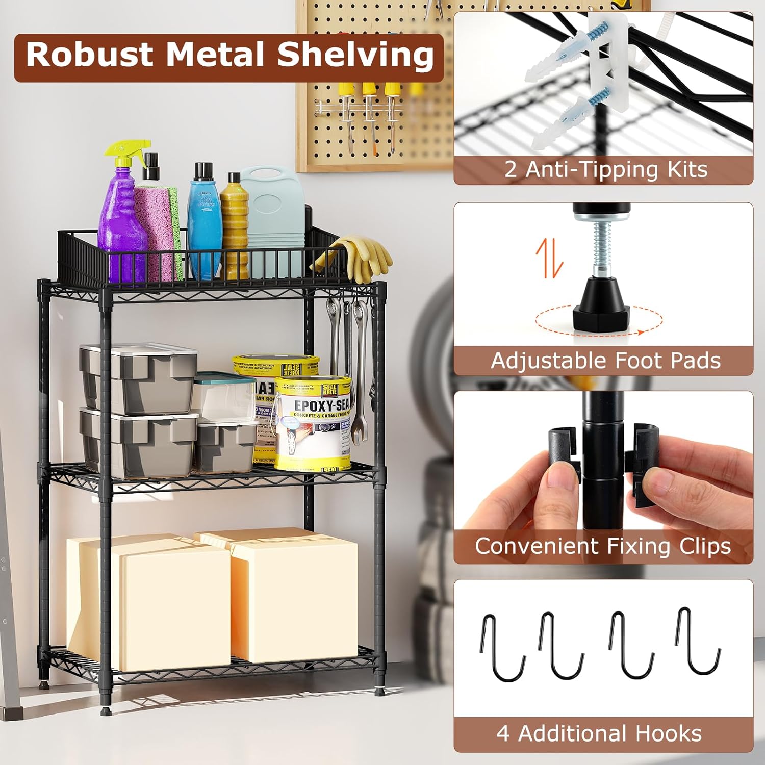 GOFLAME 3-Tier Metal Storage Shelving Unit, Heavy-Duty Adjustable Utility Shelf with V-Shaped Wire Rack, 450 LBS Storage Organizer for Home, Kitchen, Garage, Basement, 23.5”L x 13.5”W x 31”H