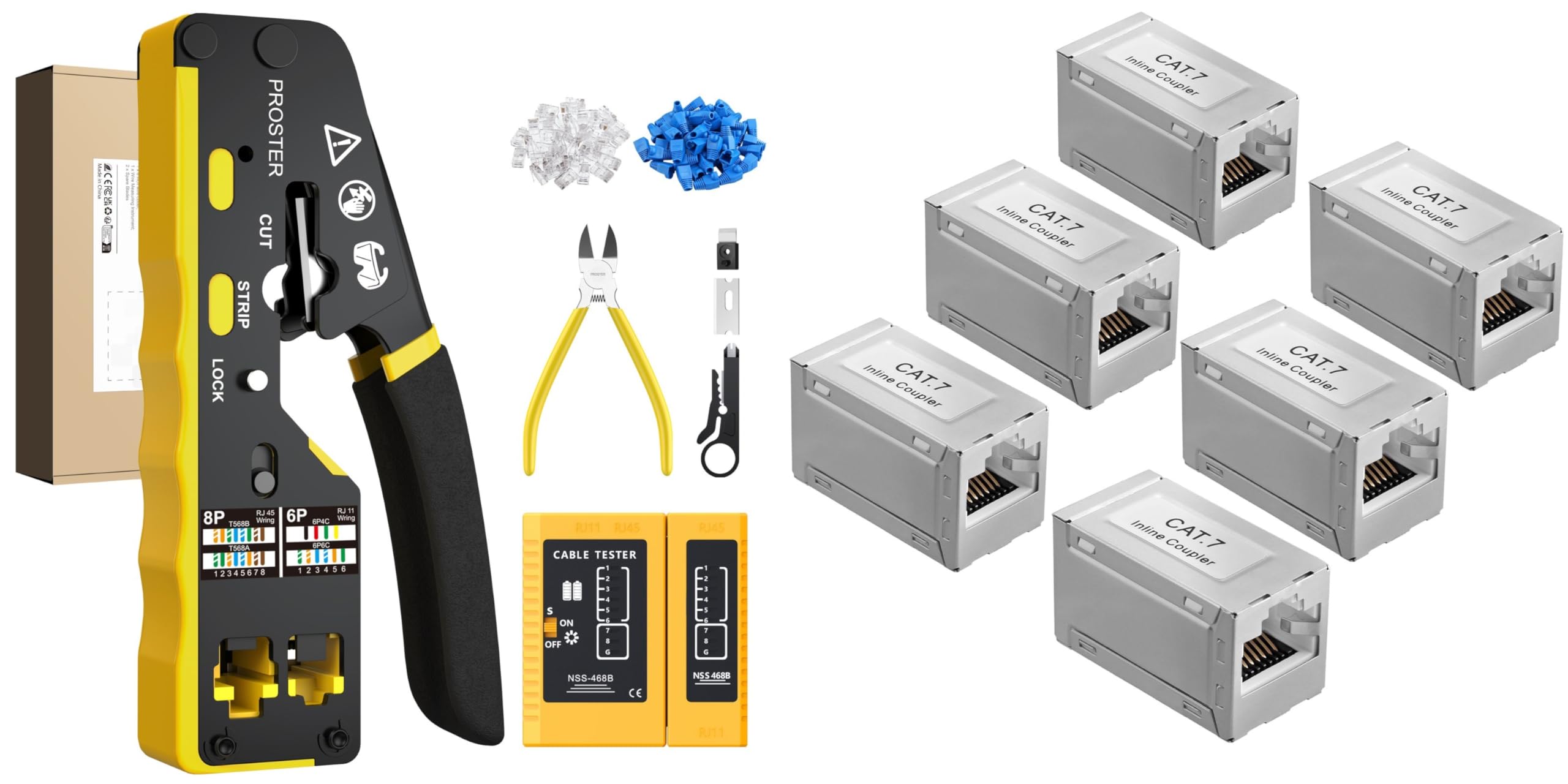 Proster Pince À Sertir RJ45 RJ11 Traversante Cat6 avec Testeur Câble + Lot de 6PCS Coupleur