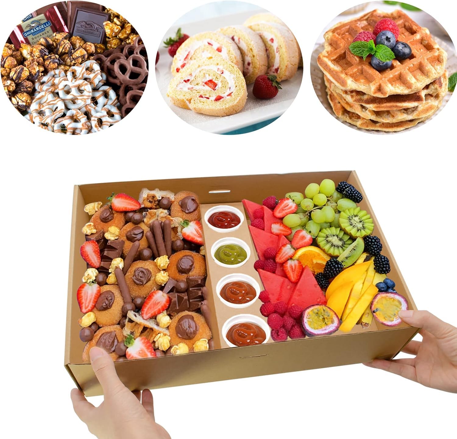 Bandeja grande para servir con tapa (resistente) – 10 juegos de cajas desechables de cartón con insertos de taza, recipientes a prueba de aceite para llevar para 5-8 invitados, ideal para