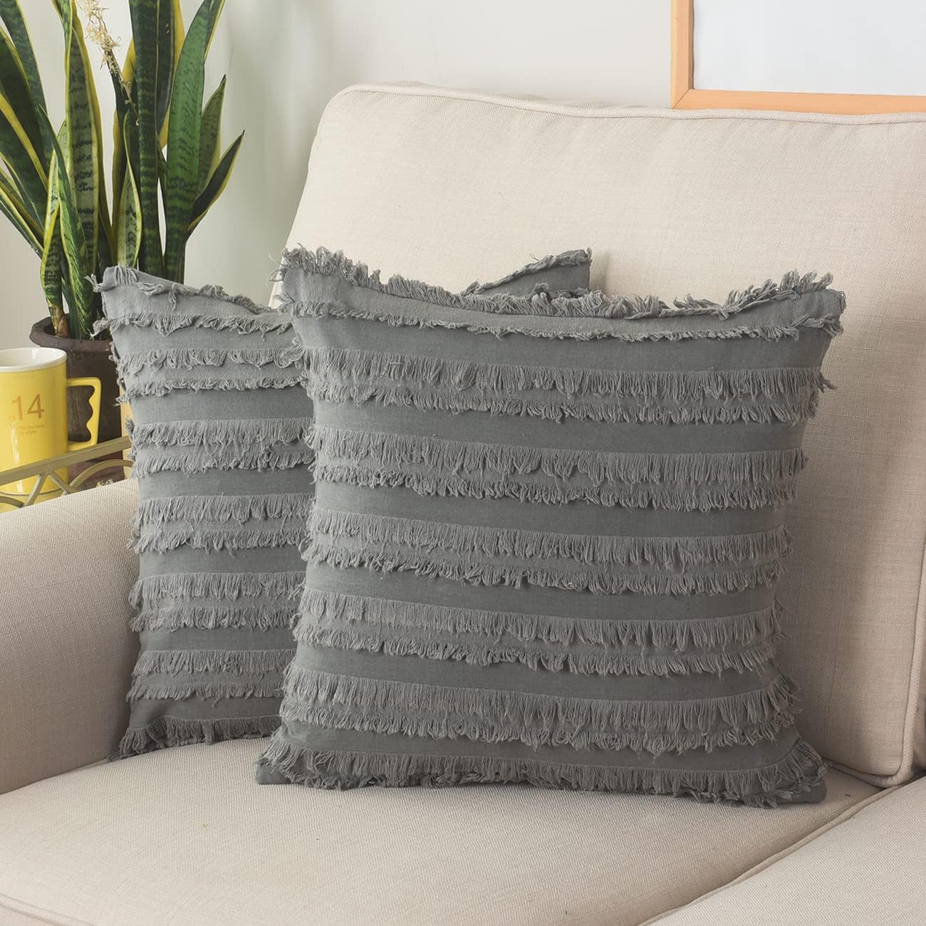 GYROHOME Pack of 2 Cotton-Linen Throw Pillow Covers,Decorative Cushion Covers,Tassels Design, Modern Fringe Cushion Covers (Light Grey, 22x22inch 55x55cm)