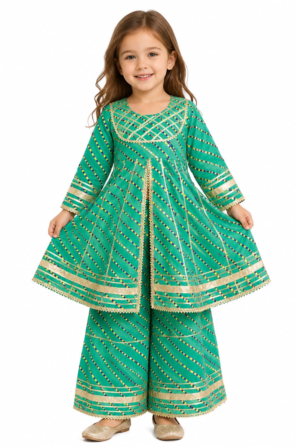 Girls Green Leheriya Print Pure Cotton Sharara Suit Set | Traditional Ethnic Wear for Kids | Festive Designer Kurta Sharara Set-image-6