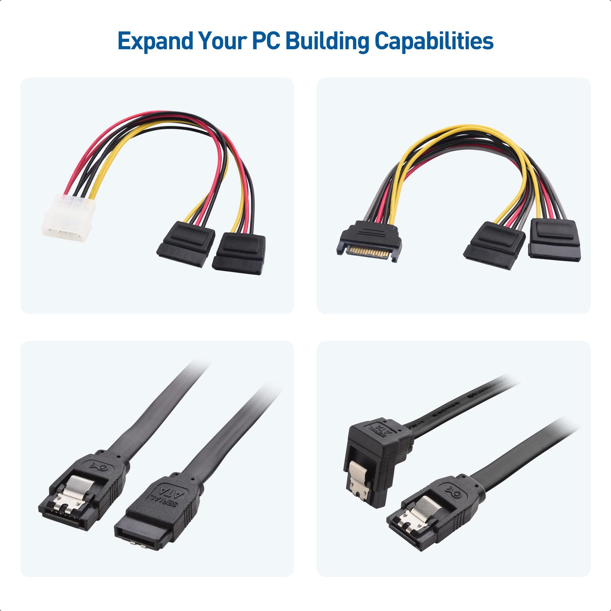Kit de cable de datos SATA III y cable de alimentación SATA con conector SATA3 recto y de 90 grados, adaptador divisor de alimentación y adaptador Molex en negro 7
