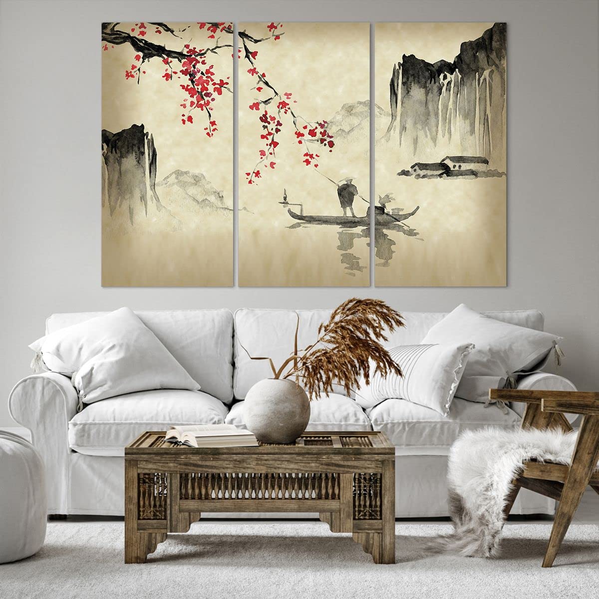 Lienzos decorativos 165x110cm Cuadro Sobre Lienzo Moderno Flor Cerezas Japón Grande XXL Dormitorio Cuadros Pared Imágenes Tríptico 3 Piezas Cuadros Decoracion Salon Wall Art Prints CE165x110-5020