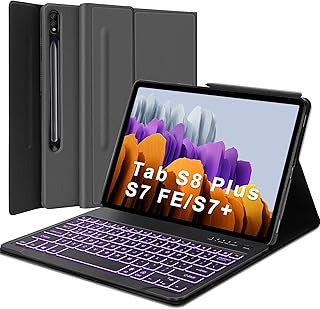 Samsung Galaxy Tab S8 Plus/S7 Plus /S7 FE Keyboard Case 12.4 inch, 7 Colors Backlit and Detachable Wireless Keyboard & Slim Stand with S Pen Holder for Tab S7 FE 2021/S7 Plus 2020/S8+ 2022, Gray