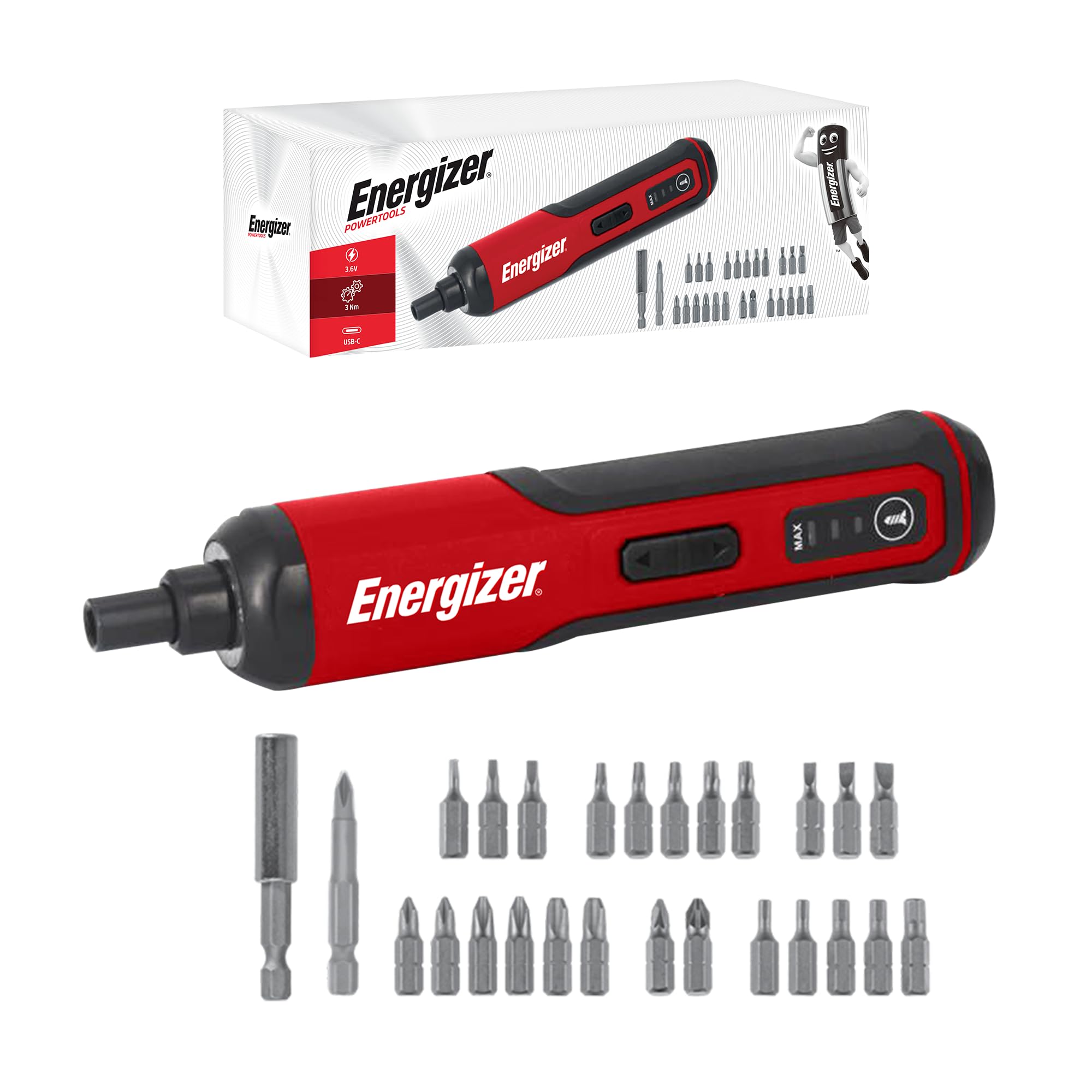 Energizer 3.6V Cordless Electric Screwdriver - Rechargeable Mini Power Screwdriver with Bit Set - Compact Portable DIY Tool for Flat Pack Furniture Assembly & Home Repairs, Black/Red
