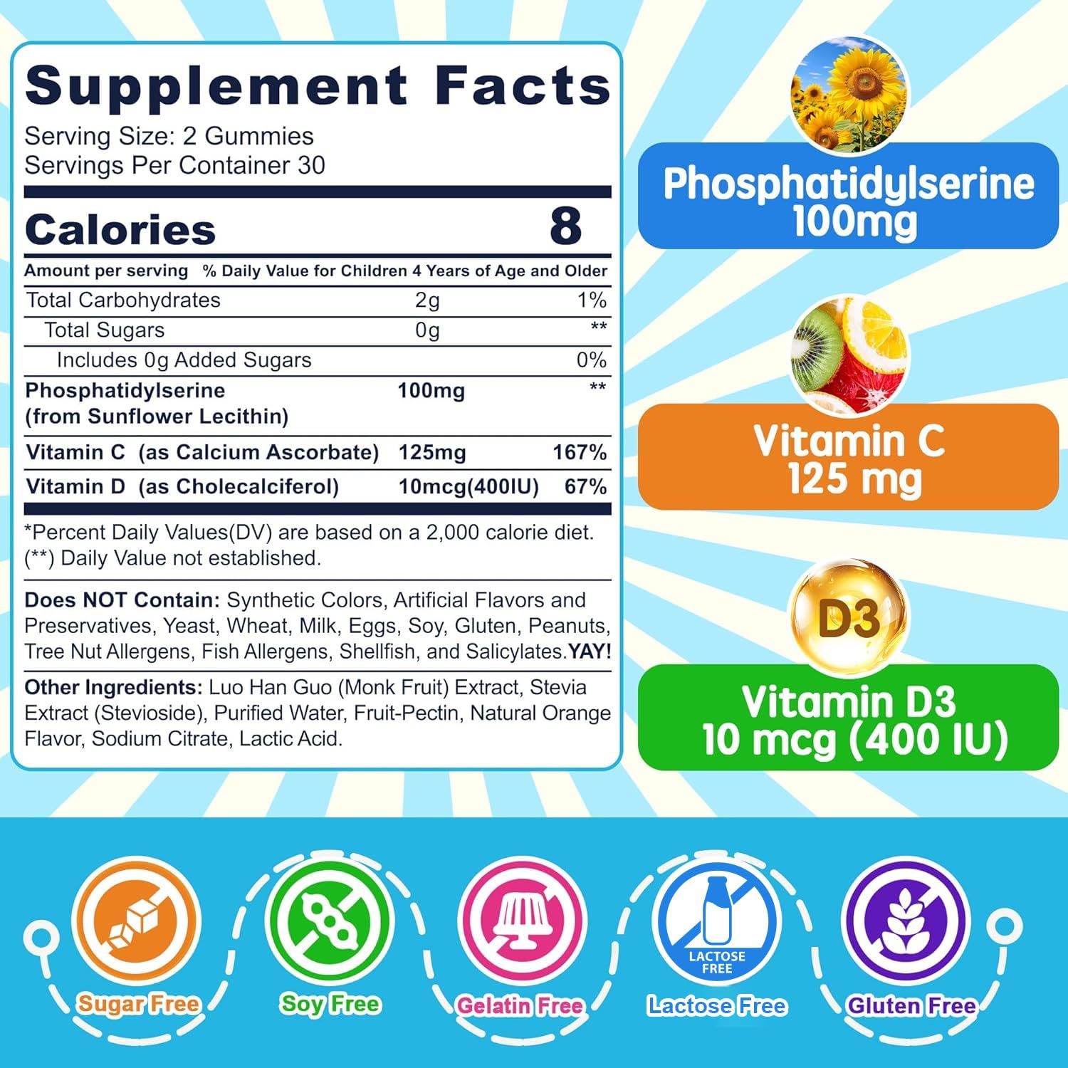 Phosphatidylserine Supplement 100mg, Kids Focus Gummies + Vitamin C & D3 — Amazon image 2