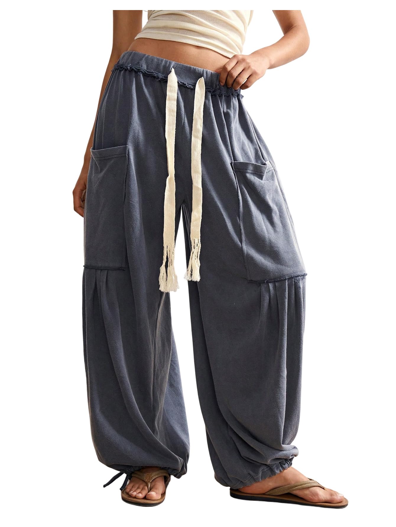 Womens Baggy Harem Pants Drawstring Waist Wide Leg Boho Casual Trousers Joggers with Pockets