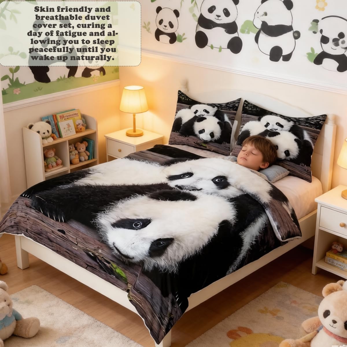 Homemissing Set di biancheria da letto con simpatico panda, per bambini, ragazzi e ragazze, set copripiumino con animali kawaii e fauna selvatica, set copriletto copripiumino per letto singolo