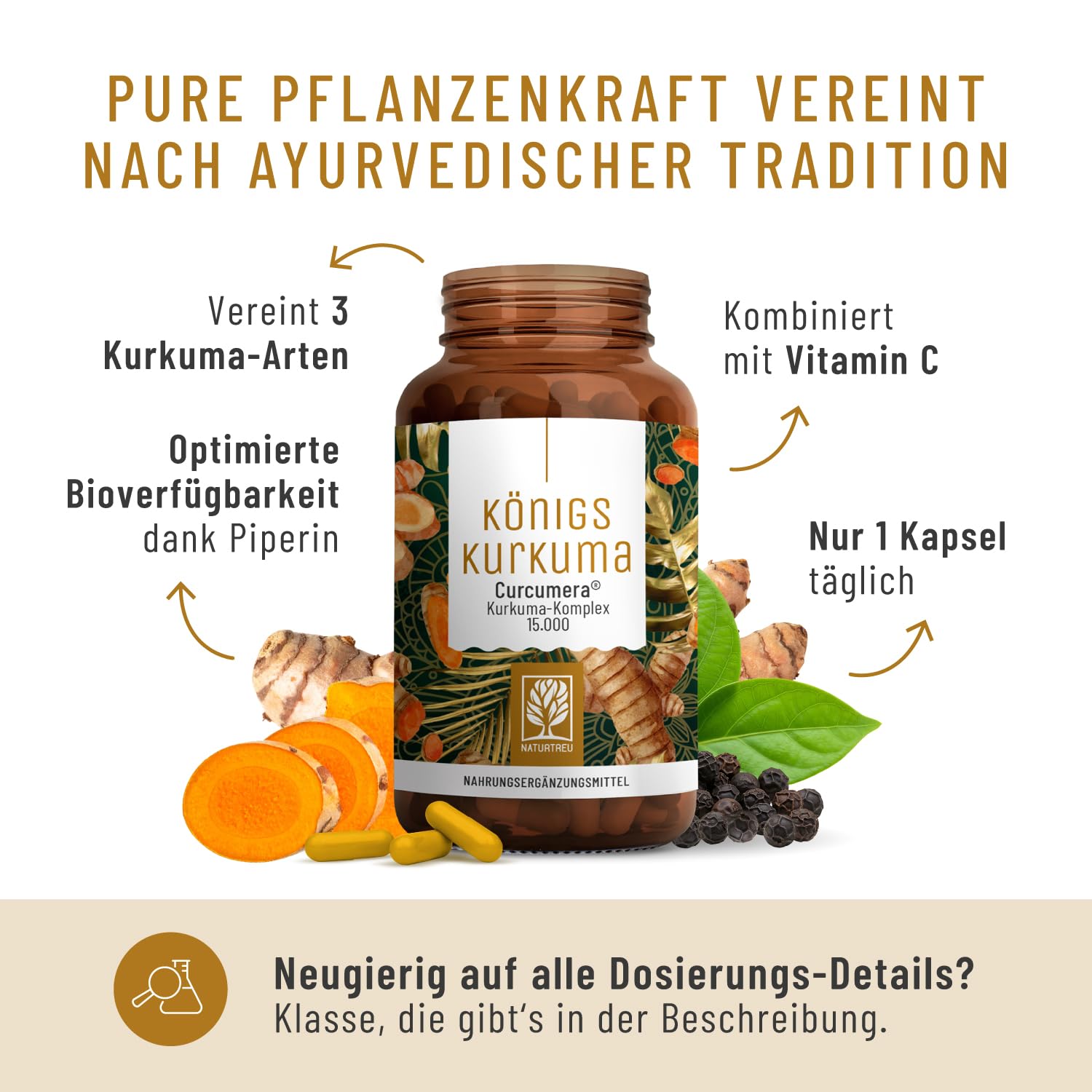 NATURTREU® Kurkuma Kapseln hochdosiert – 200mg Curcumin-Extrakt (30:1) entspricht 6.000mg Curcumin – hochdosiert 95% Curcumin pro Kapsel – Kurkuma Komplex mit Piperin & Vitamin C – vegan