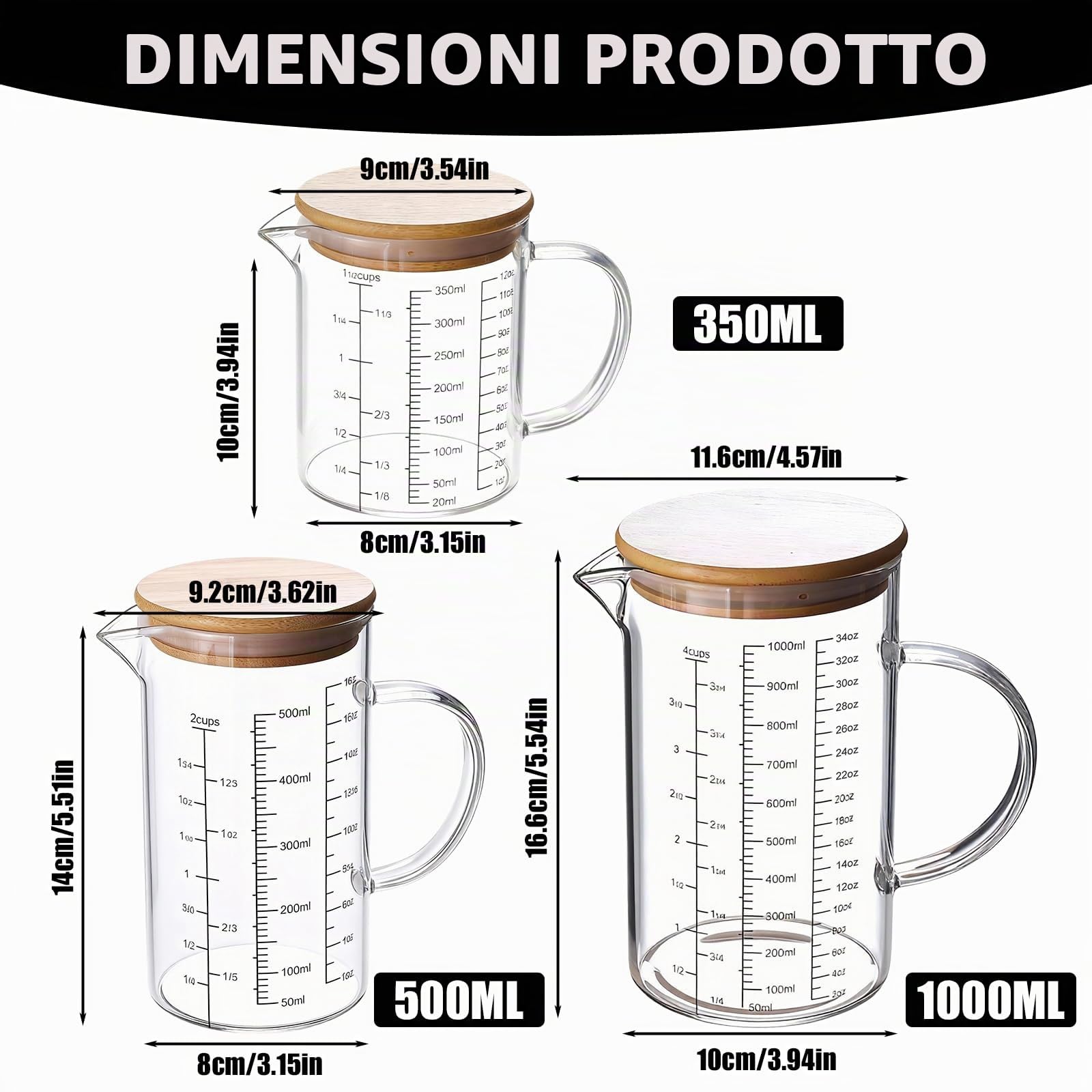 Set di 3 misurini in vetro con coperchio, maniglia, 350 ml, 500 ml, 1000 ml, tazze in vetro borosilicato, resistenti al calore con scala precisa per cucina e cottura