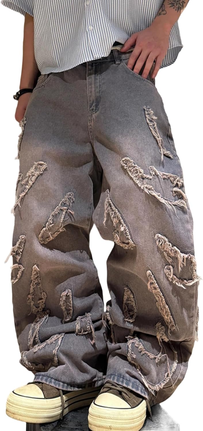 DFGIGT Men's Baggy Jeans Patchwork Embroidery Jeans Fringe Frayed Edges Wide Leg Denim Pants