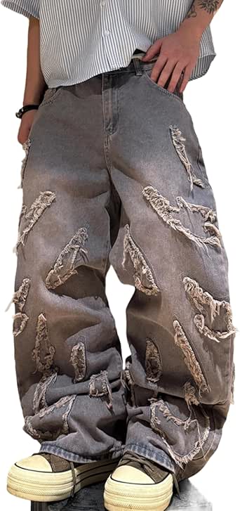 Men's Baggy Jeans Patchwork Embroidery Jeans Fringe Frayed Edges Wide Leg Denim Pants