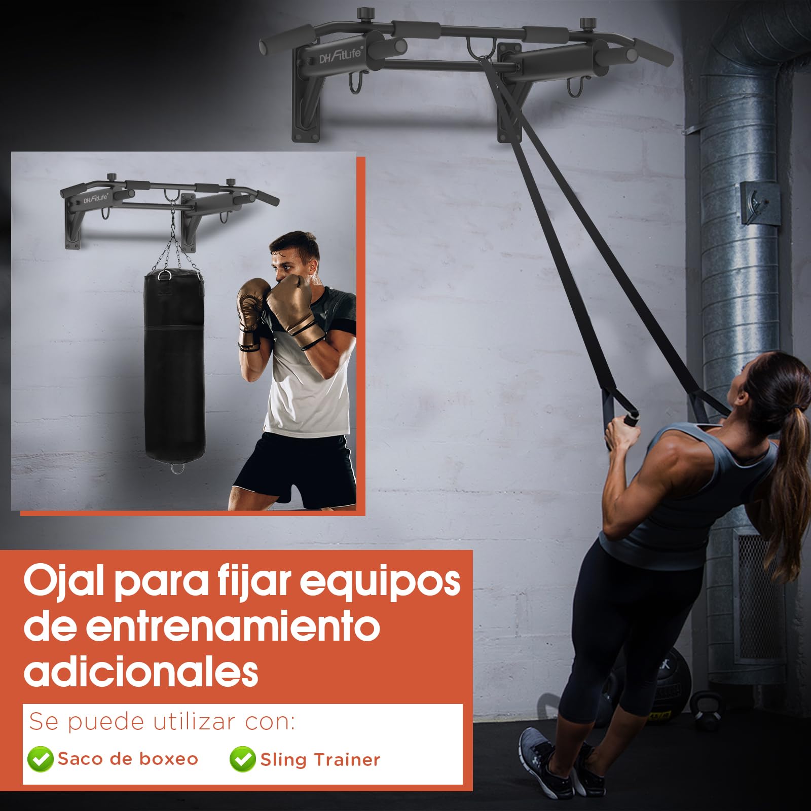 DH FitLife Barra de Dominadas Pared 4 en 1 con Tacos de Expansión | Pull-Up Bar Multifuncional para Casa | Hasta 200 kg | 6 Asas Antideslizantes | 3 Ojales para Saco de Boxeo y Cintas de Suspensión