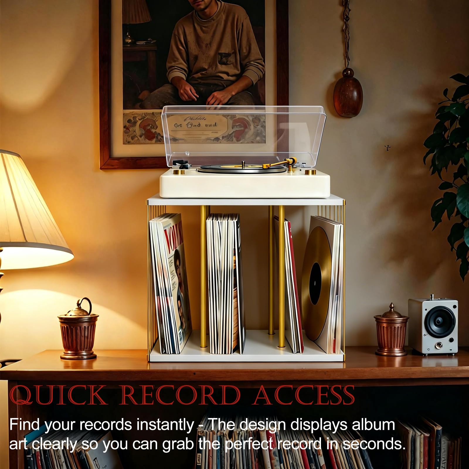 Soporte de almacenamiento de discos de vinilo, estante de discos de vinilo de metal y madera de hasta 80 discos LP, organizador de soporte para tocadiscos para álbumes, revistas, libros