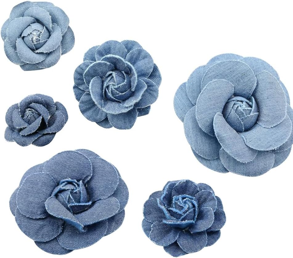 YXQ 6pcs Denim Fabric Flowers 3 Sizes (75mm/55mm/45mm) DIY Crafts Wedding Party Decor Hair Accessories