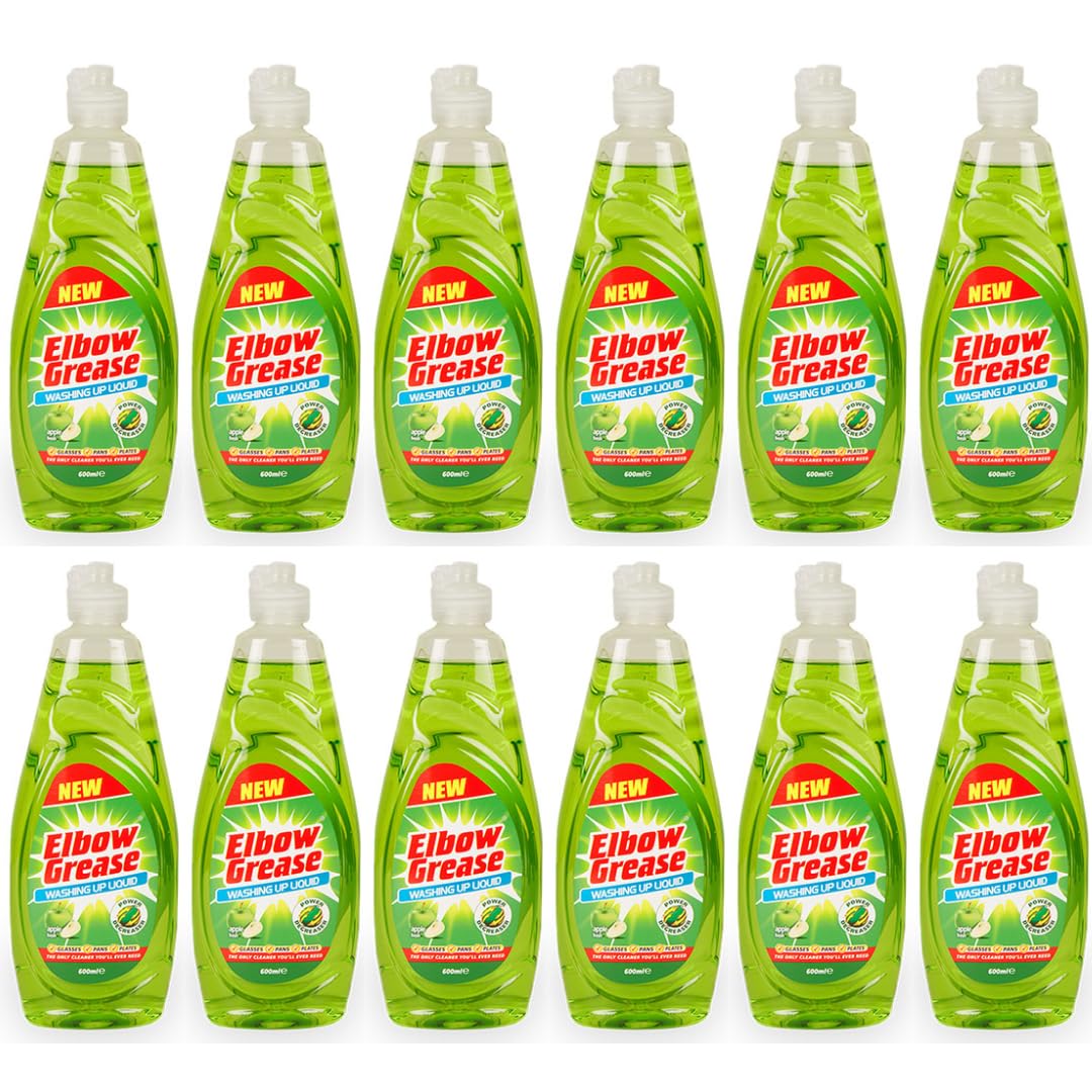 Elbow Grease Washing Up Liquid, Apple Fresh Scent, Power Degreaser, 600ml, Pack of 12