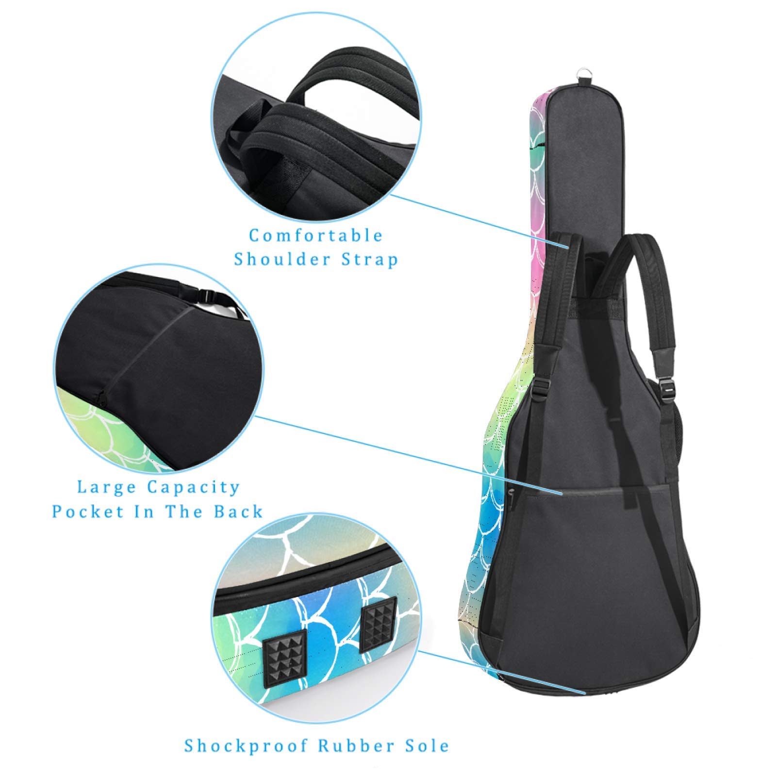 Gitarren-Gigbag, wasserdicht, Reißverschluss, weich, für Bassgitarre, Akustik- und klassische Folk-Gitarre, Meerjungfrauen-Schuppen-Muster, bunt