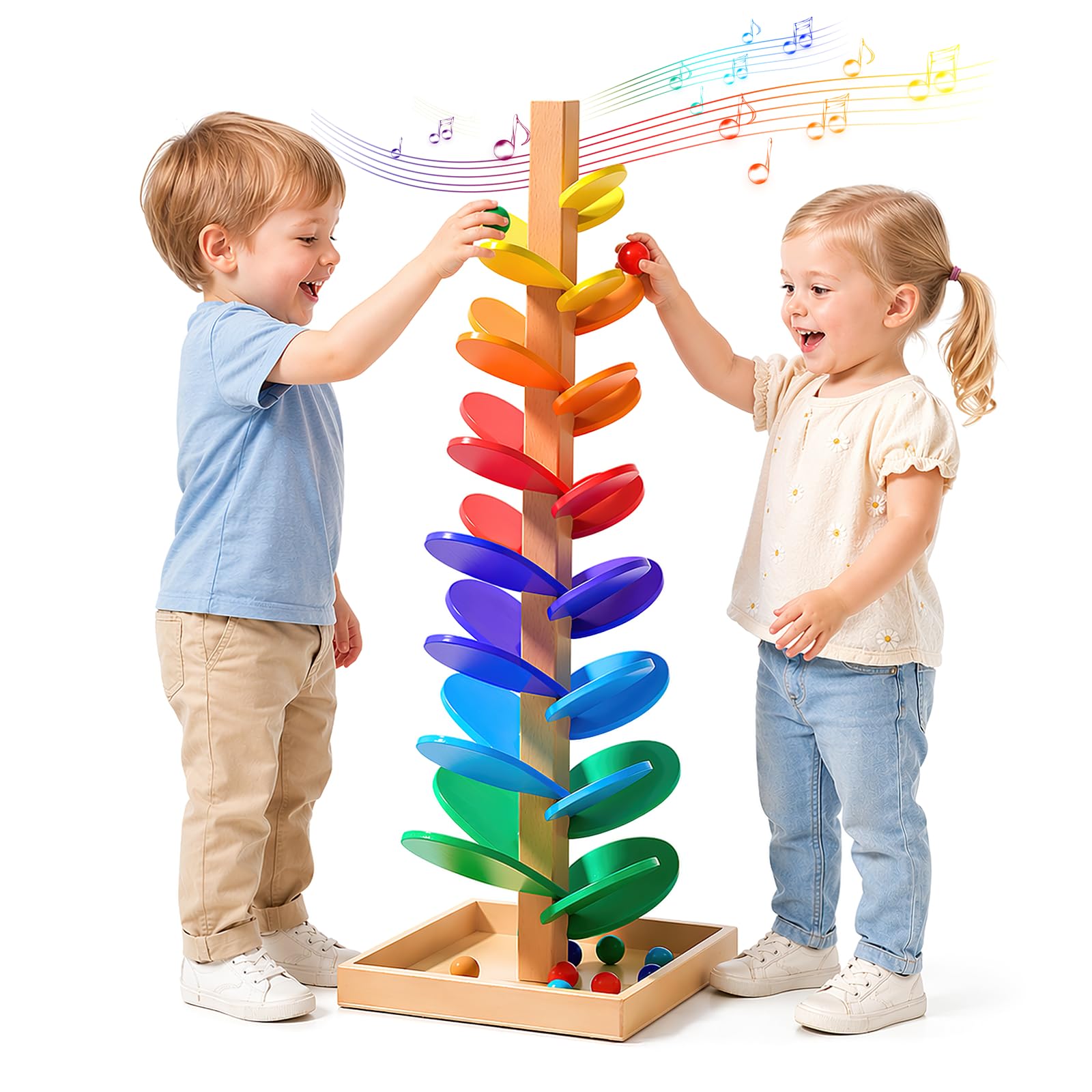Wooden Rainbow Music Singing Tree with Marble Ball Run Track Game, 30 Pieces Montessori Sound Tree, 6 Colorful Wooden Ball Drop Toy for Kids Girls and Boys