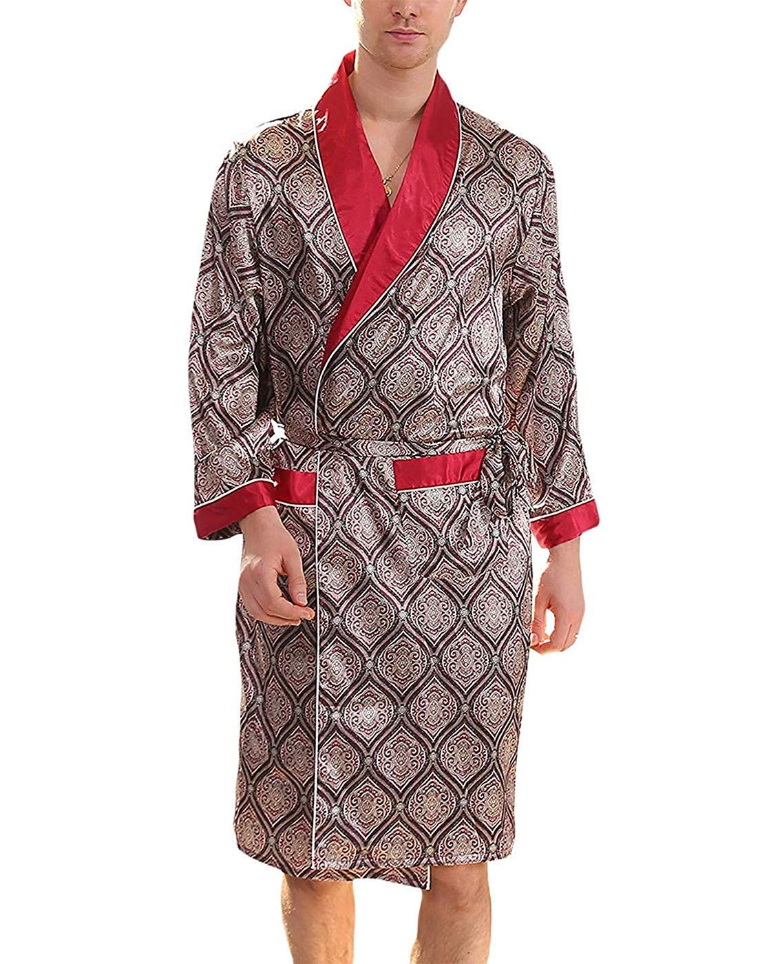 DSJJ Mens Kimono Satin Robe Lightweight Silk Bathrobe Nightgown Long Sleeve