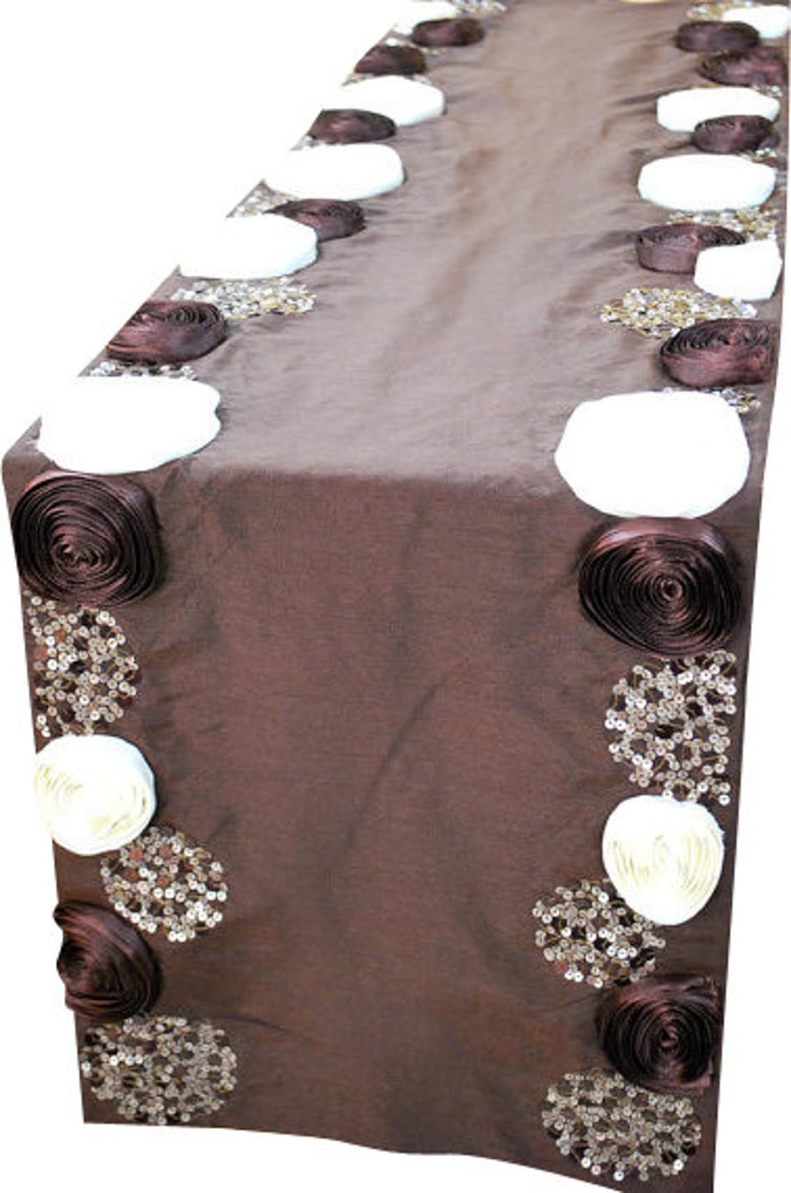 Brown Table Runners 35 x 150 cm, Chocolate Ivory Satin Ribbon Flower With Sequins Embroidered Table Runner Chocolate Roses — image 1