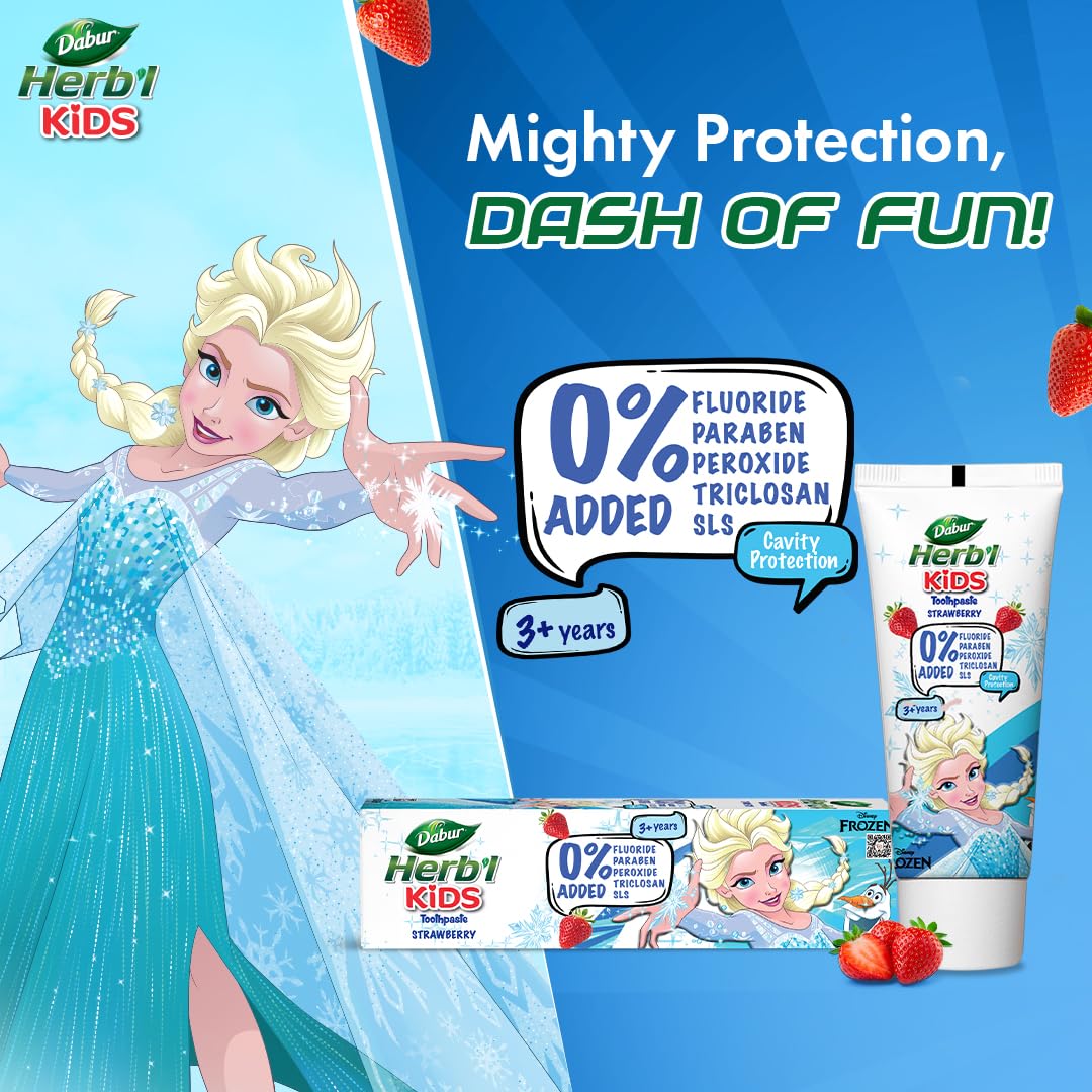 Dabur Herb'l Kids Elsa Frozen Toothpaste | 160g (Pack of 2 x 80g) | 3+ Years | Strawberry Flavour | No added chemicals | Cavity protection | Healthy Gums | SLS & Flouride free