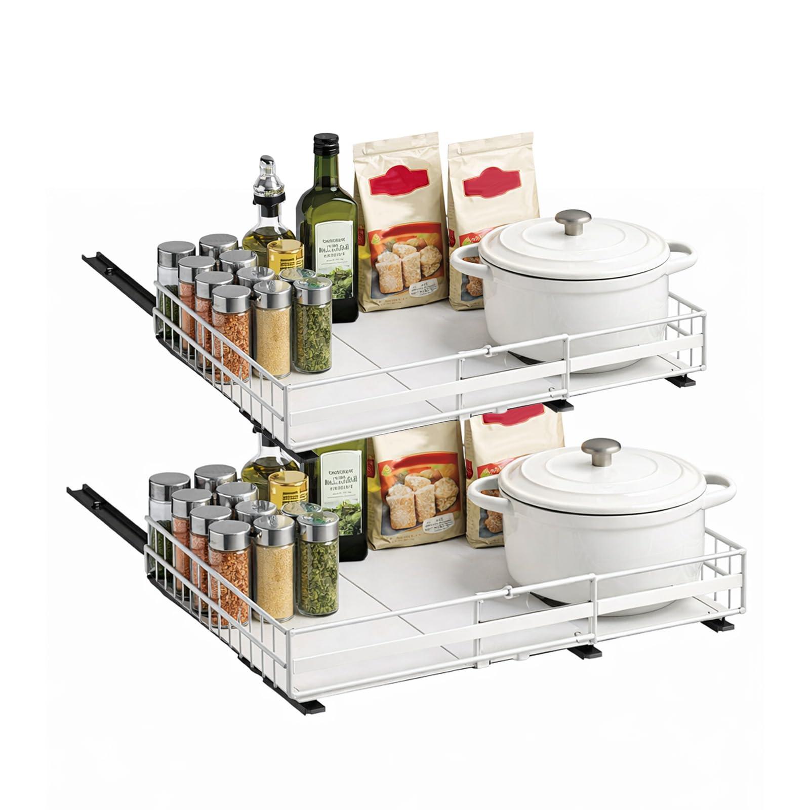 M.J COMFY-LIFE 2pcs Pull Out Cabinet Organizer, Adjustable Expandable Slide Out Drawer, Roll-Out Sliding Drawer Organiser Shelf for Kitchen & Bathroom Storage,with Adhesive Film (White A)