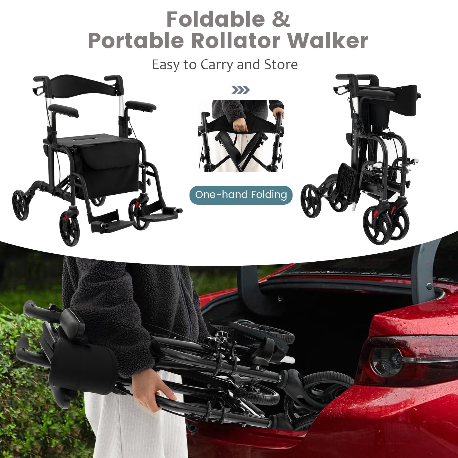 HOMASIS 2 en 1 Andador Plegable de Altura Ajustable con 4 Ruedas, Andador de Aluminio con Freno de Mano Portaparaguas, Asiento y Respaldo Reversible, para Personas Mayores, Carga 136 kg (Negro)