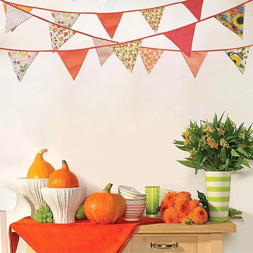 Miniatura 5 de Zwiebeco Banderines de tela naranja de 32 pies, banderas triangulares, decoraciones de fiesta, guirnalda floral de algodón para otoño, otoño,