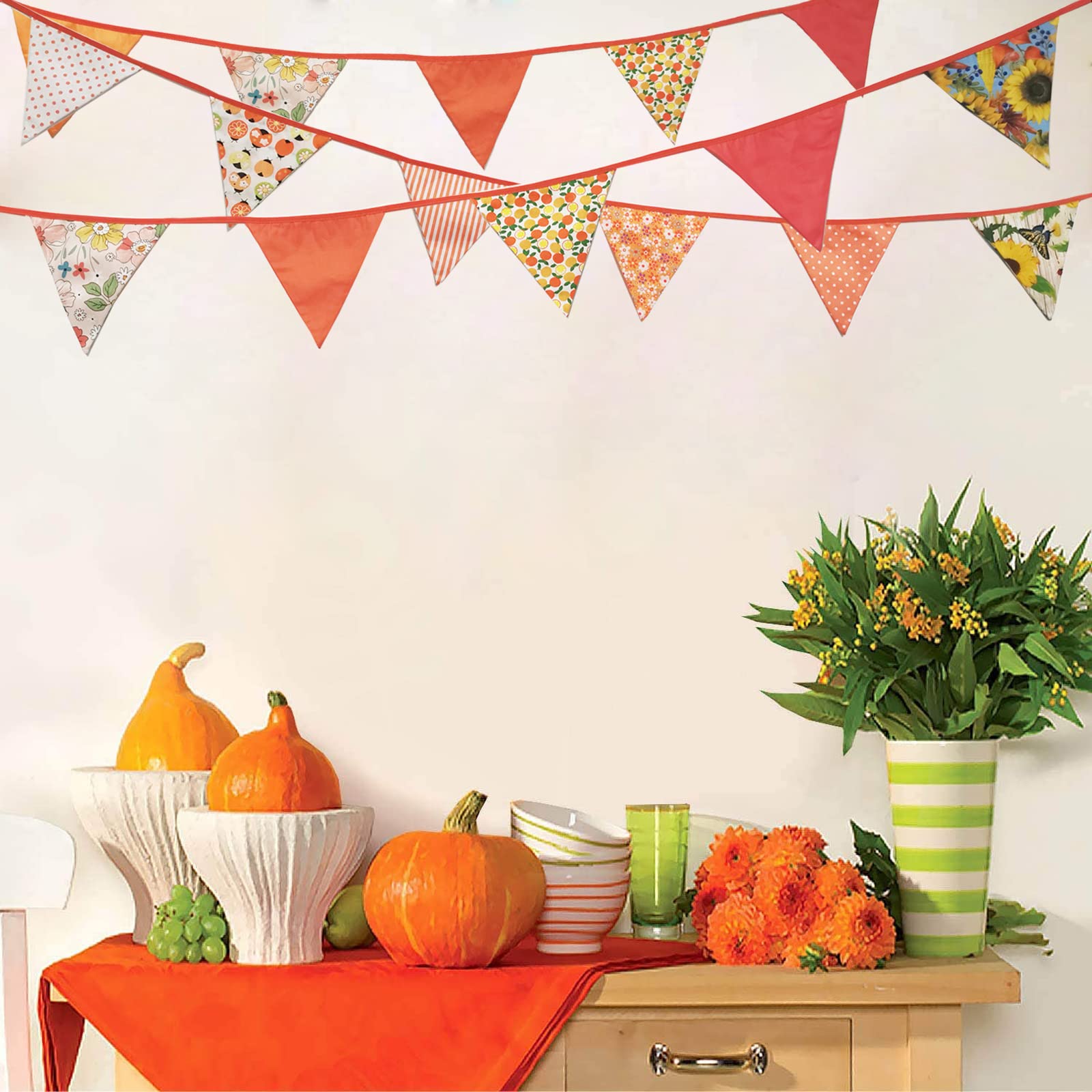 Zwiebeco Banderines de tela naranja de 32 pies, banderas triangulares, decoraciones de fiesta, guirnalda floral de algodón, banderín para otoño, Acción de Gracias, cosecha, cumpleaños, boda, aula