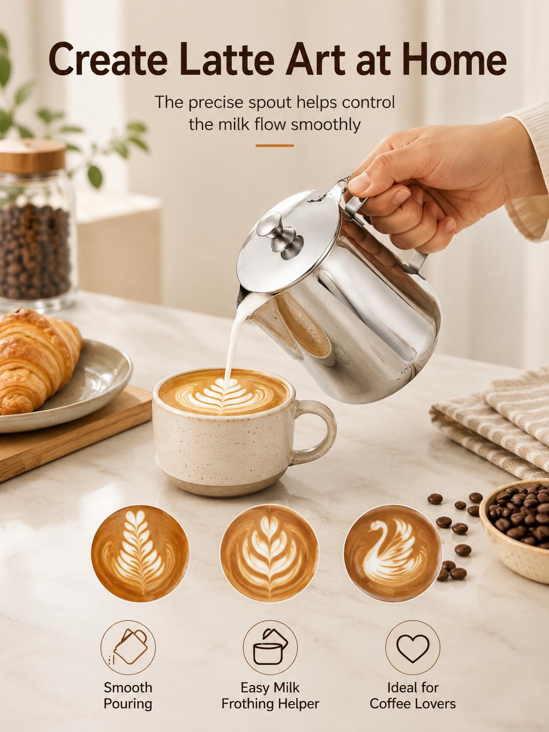 VOBOR Pentolino Latte In Acciaio Inossidabile, Brocca Per Tazza Da Caffè Con Coperchio Per Schiuma Di Latte Art (350 Ml)