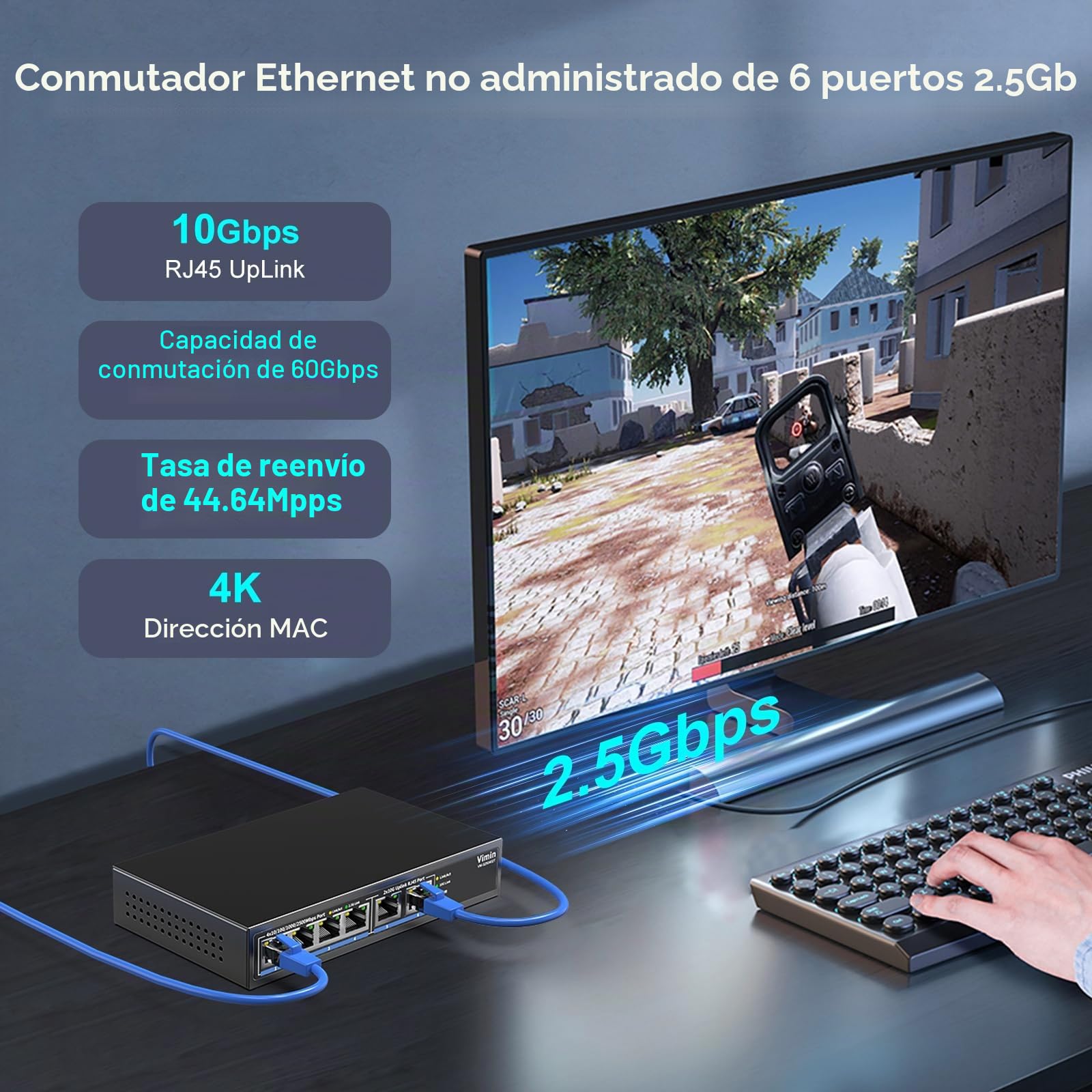 Conmutador Ethernet de 6 Puertos 10G/2.5G con Doble 10GBASE-T, Vimin 4X 2.5G + 2 Puertos RJ45 de 10 GB, Capacidad de 60 Gbps, Interruptor de Red multiGigabit de Escritorio/Montaje en Pared para NAS
