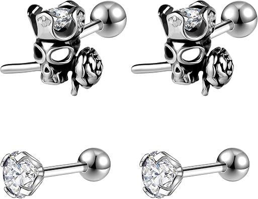 2 Pairs Punk Gothic Stainless Steel Stud Skull Earrings for Women Mens Bone Skeleton Rock Ear Piercing Earrings CZ Stud Earrings