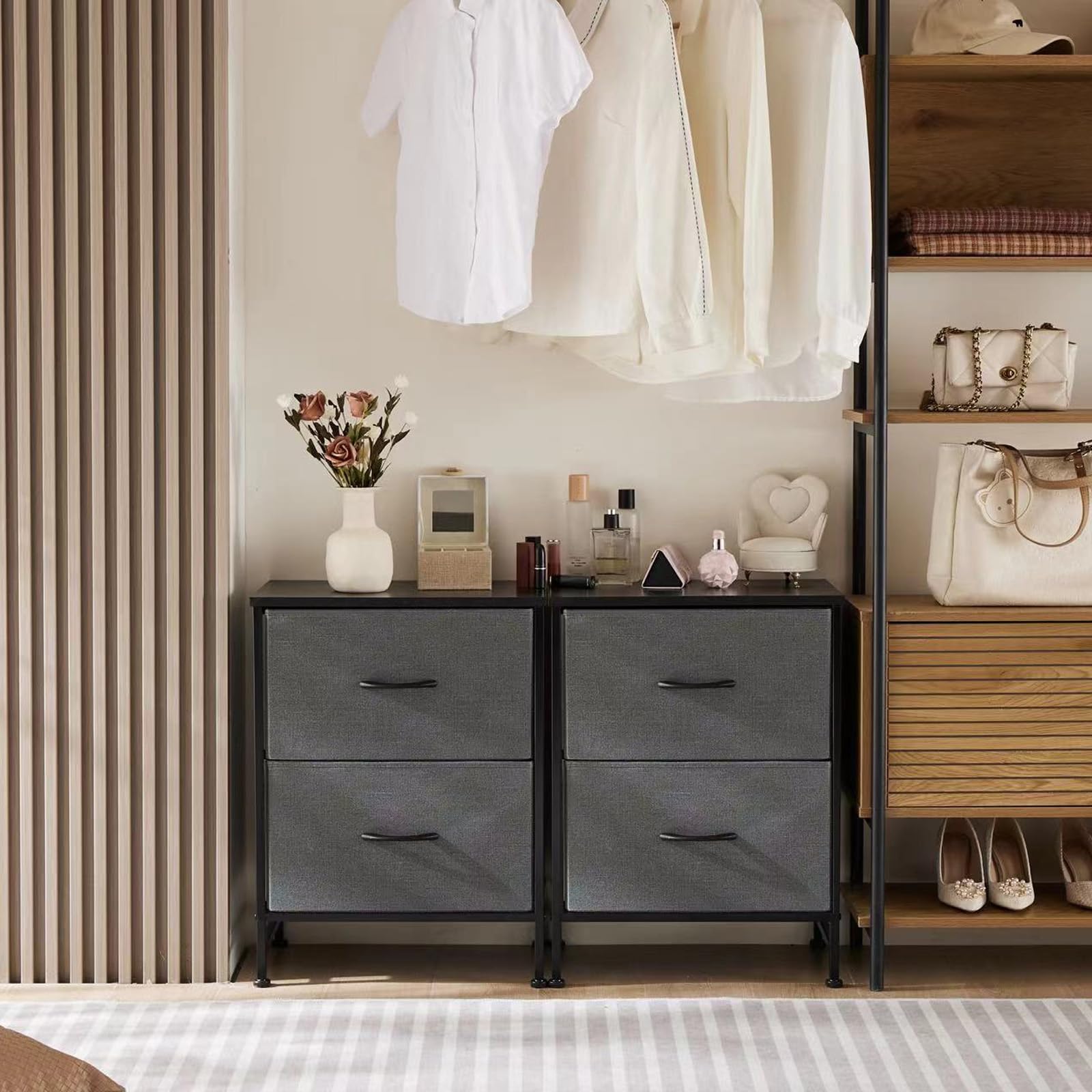DUMOS Lot de 2 Tables de Chevet en Tissu - Armoire étroite - Commode de Chambre à Coucher - Style Industriel - pour Salon, Chambre d'enfant, Couloir