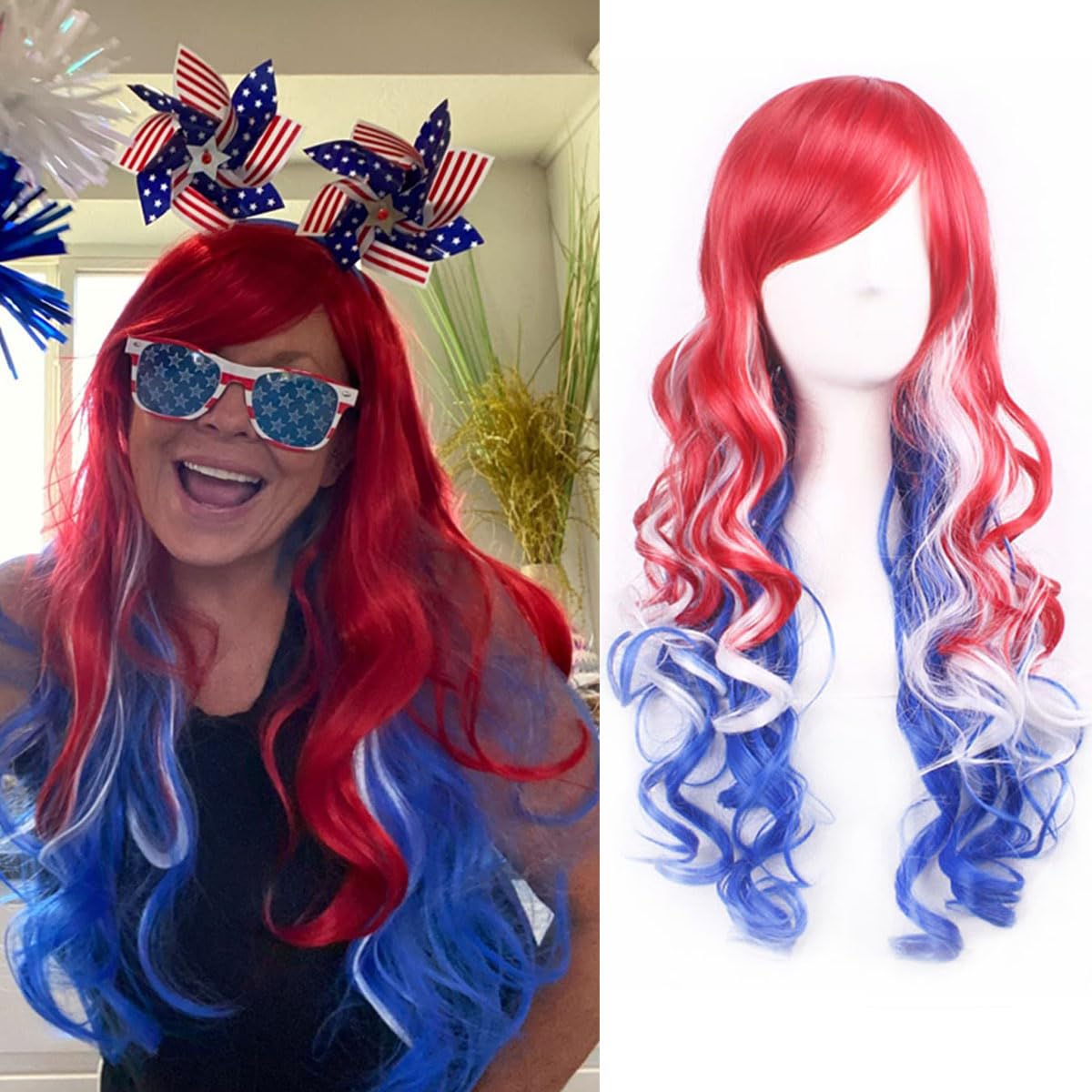 MAGQOO Blue Red White Wig for Women 4th of July Wigs Long Curly Red Blue White Wig with Bangs Colored Hair Wigs Fourth of July Party