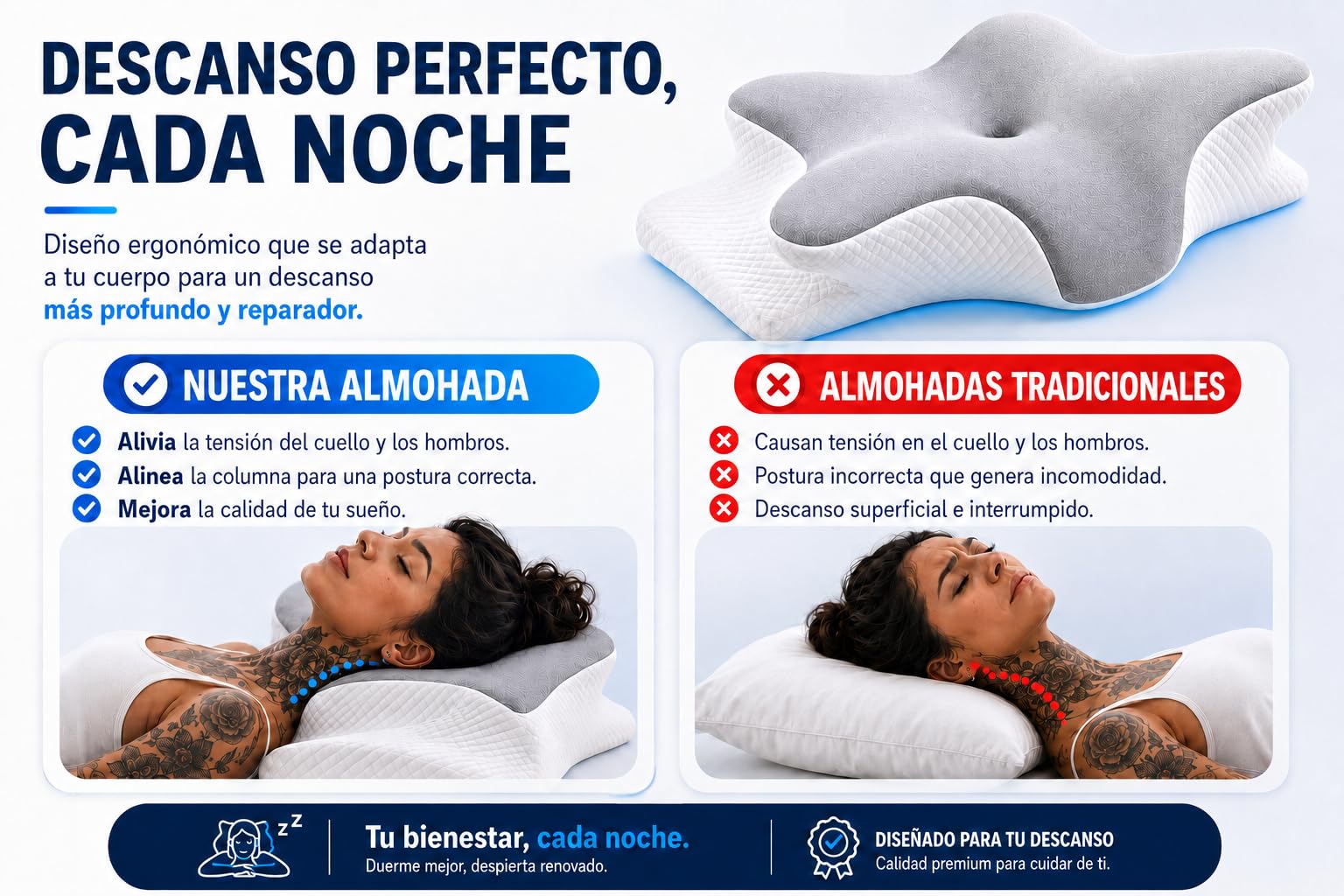 Almohada Japonesa para Dormir, Almohada Cervicales y Cuello Viscoelástica, Mariposa Memory Foam Ergonómica para Cuello y Nuca, con Bolsa y Antifaz