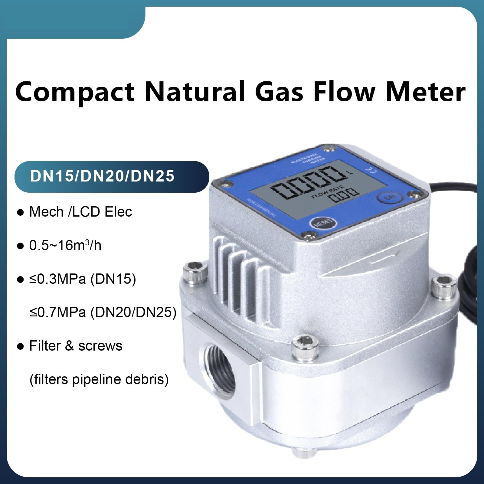 Medidor de Flujo Digital Medidor de Flujo Gas Digital Roots Alta precisión, Pantalla LCD, instantáneo DN15 DN25 for Natural LPG, comprimido(DN25)