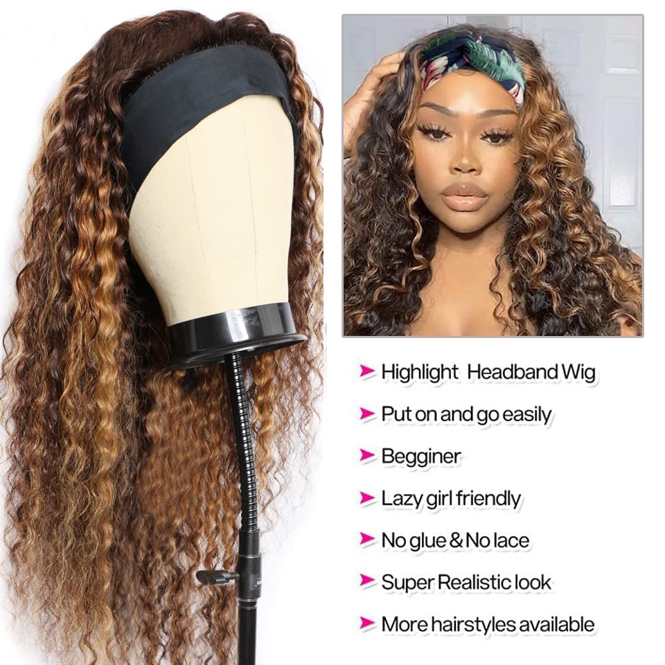Image of XSY Deep Wave Headband Wig Human Hair Ombre Highlight 4 /27# Curly Headband Wig Glueless Brazilian Virgin Human Hair Wigs for Black Women 150% Density 12 Inch