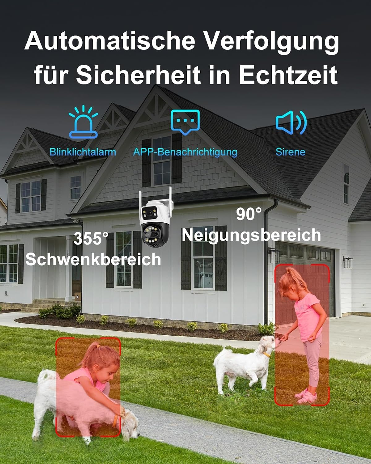 Telecamera di sorveglianza da 6 MP Dual Lens per esterni, Wi-Fi, telecamera di sicurezza WiFi con 2 obiettivi e doppio schermo, PTZ 355°/90°, rilevamento persone, rilevamento automatico, visione