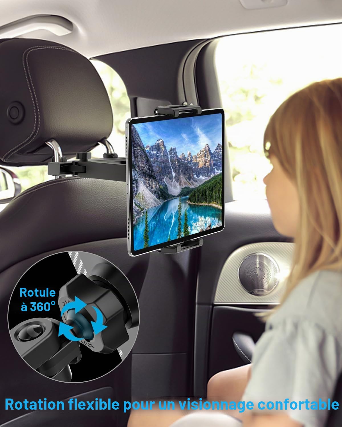 Support Tablette Voiture Appuie-tête pour 6,1 à 15,6 Pouce iPad [Bras Extensible Pliable] 360° Rotation Support pour Coque Épais pour iPad Pro 13 12.9 11 Air Mini, iPad 10.9, Galaxy tab, iPhone